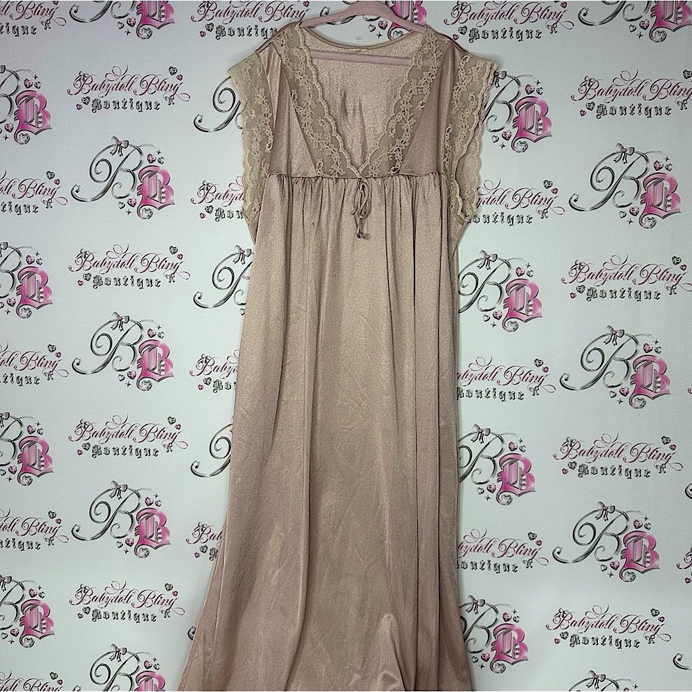 Dress lace moo moo vintage silky satiny tie up gown retro tan blush rose pink